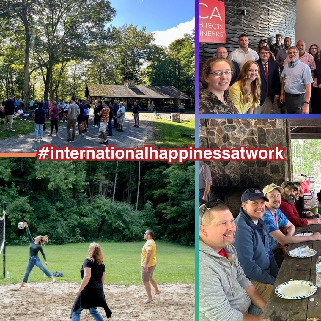 Employees enjoying outdoor and office activities for happiness at work.